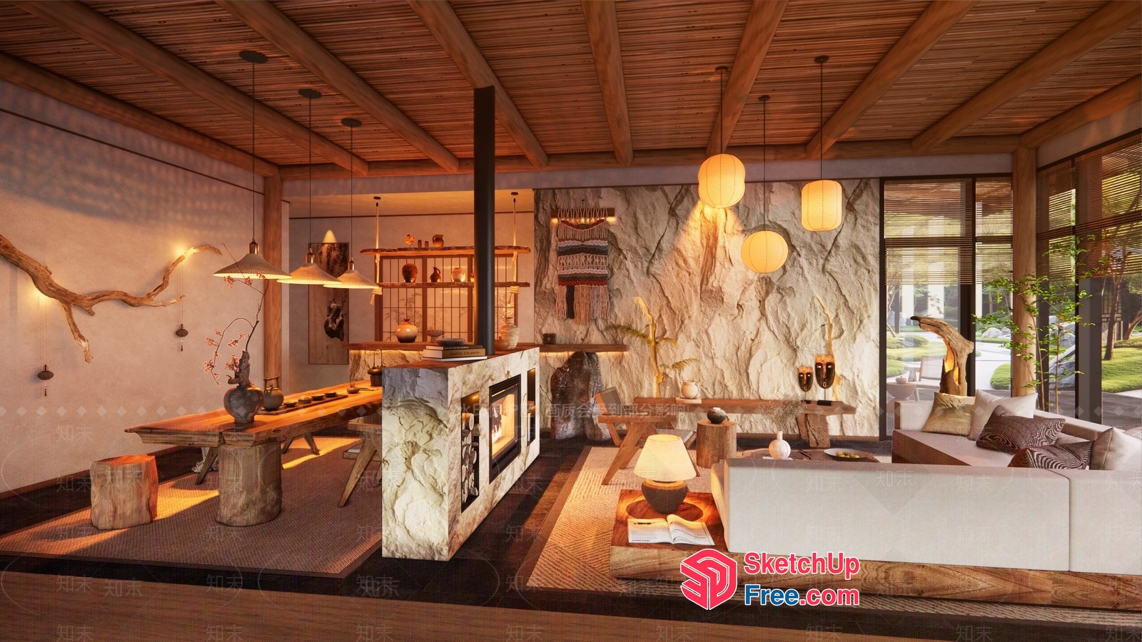 Modern Japanese-Inspired Living Room With Natural Elements 3D SketchUp File