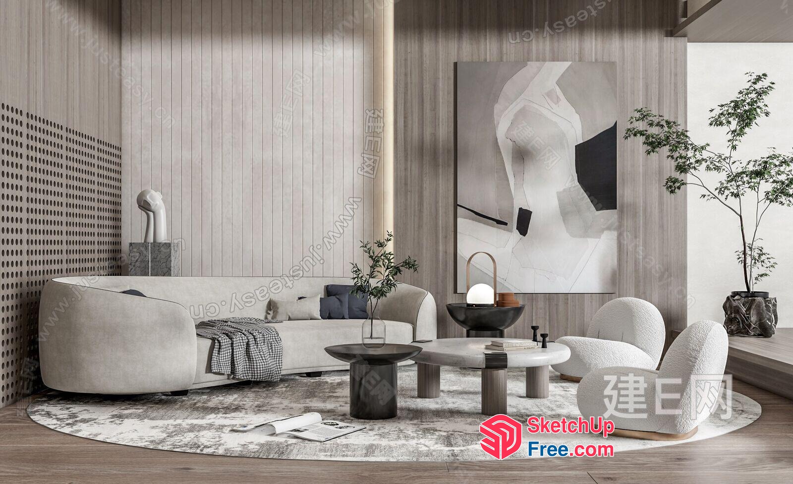Modern Living Room With Creamy Style Furniture And Decor 3D SketchUp File
