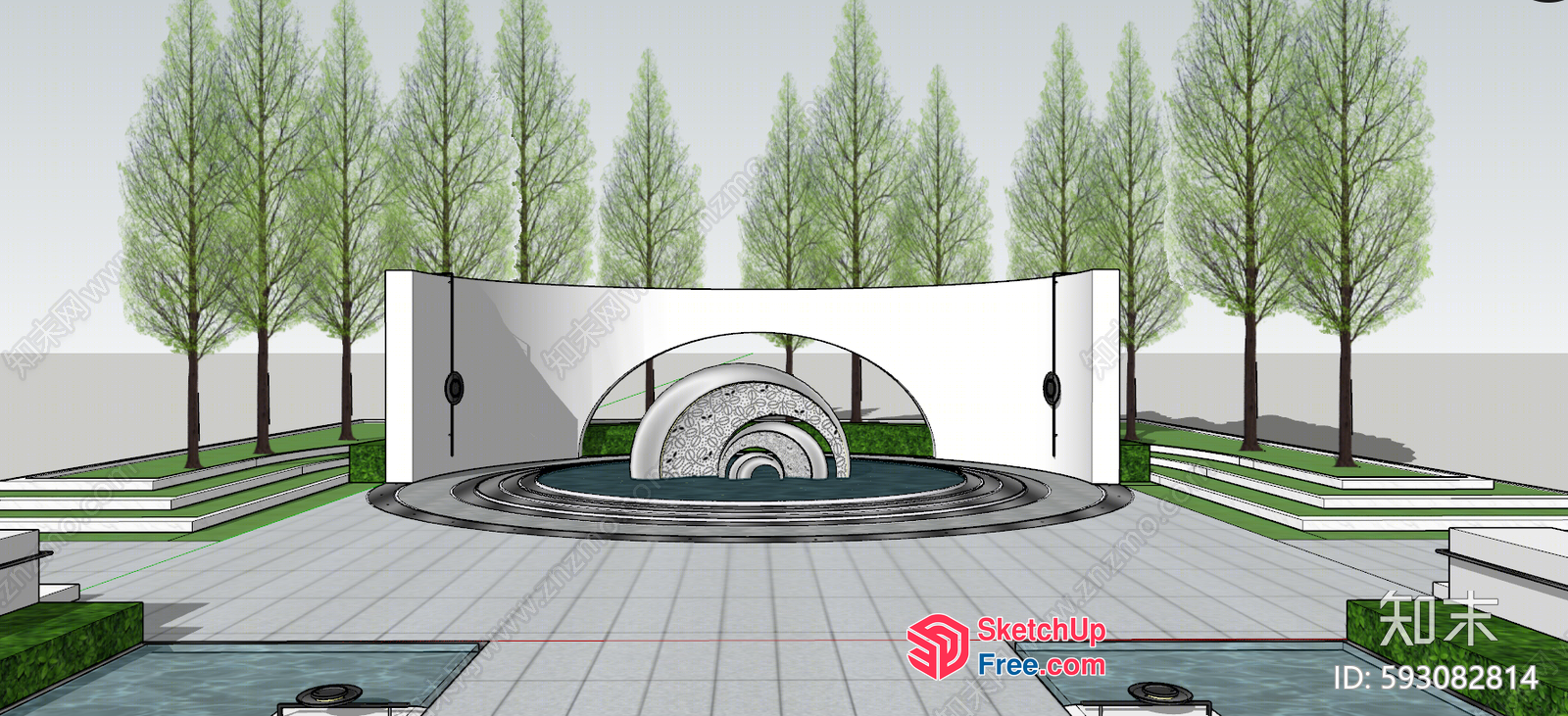 Modern Outdoor Water Feature With Arched Wall And Trees 3D SketchUp File