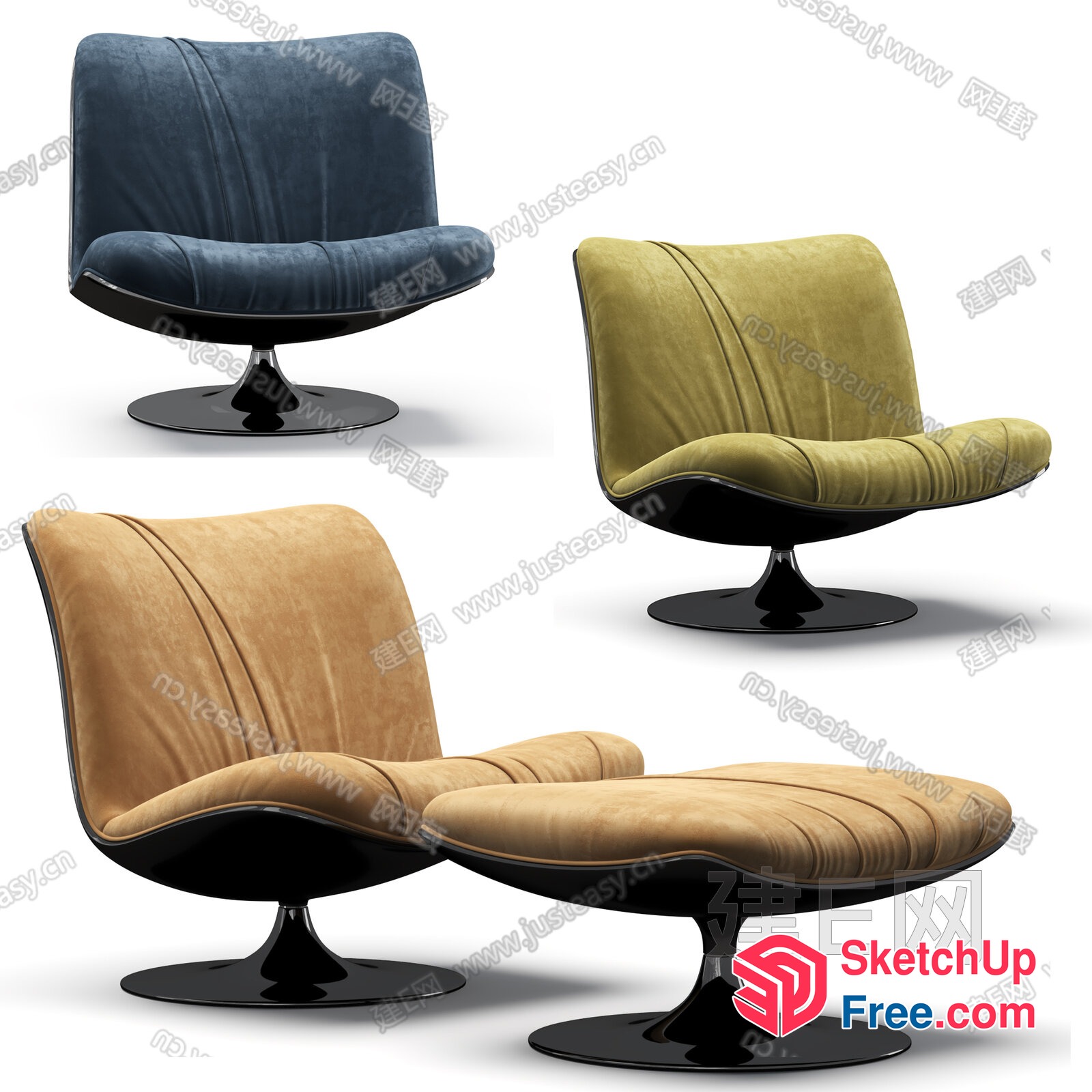 Modern Swivel Chairs With Black Bases And Vibrant Upholstery 3D SketchUp File