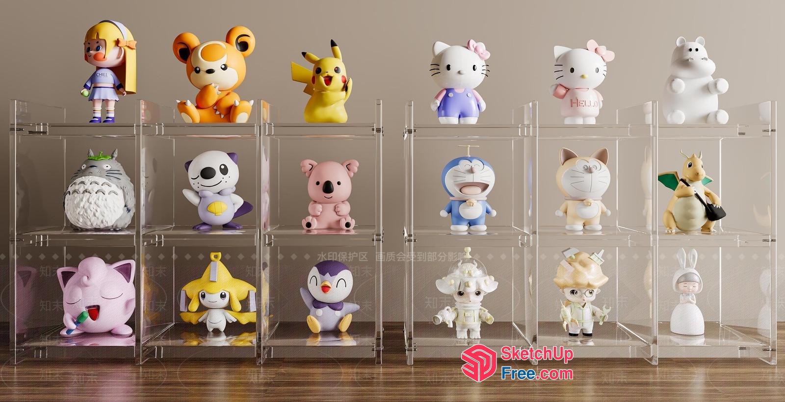 Collection Of Cartoon Character Figurines On Clear Display Shelves 3D SketchUp File