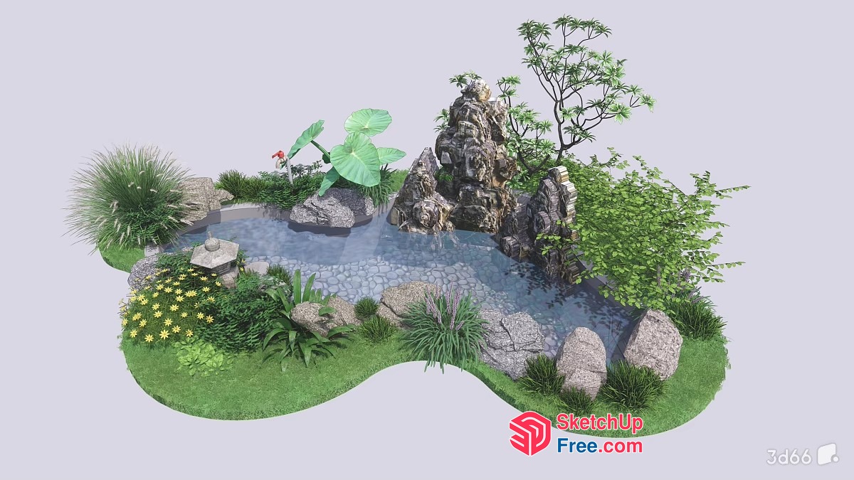 Japanese-Style Garden With Pond And Rocks 3D SketchUp File