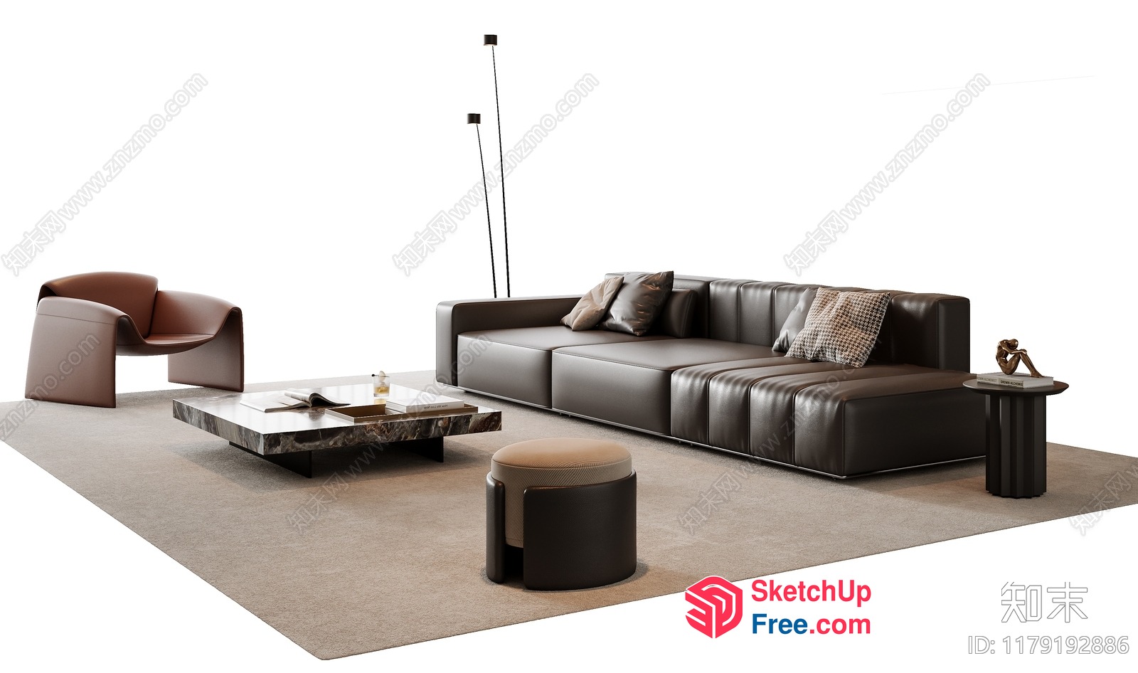 Modern Living Room With Brown Leather Sofa And Coffee Table 3D SketchUp File