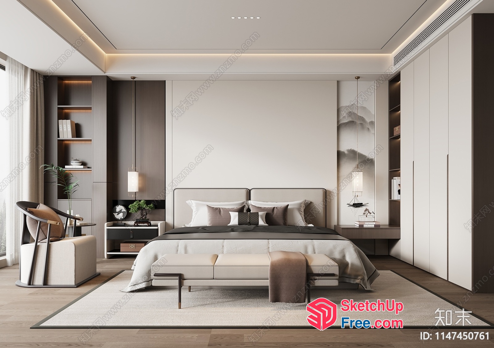 Modern Minimalist Japanese Style Bedroom With Sleek Furniture 3D SketchUp File