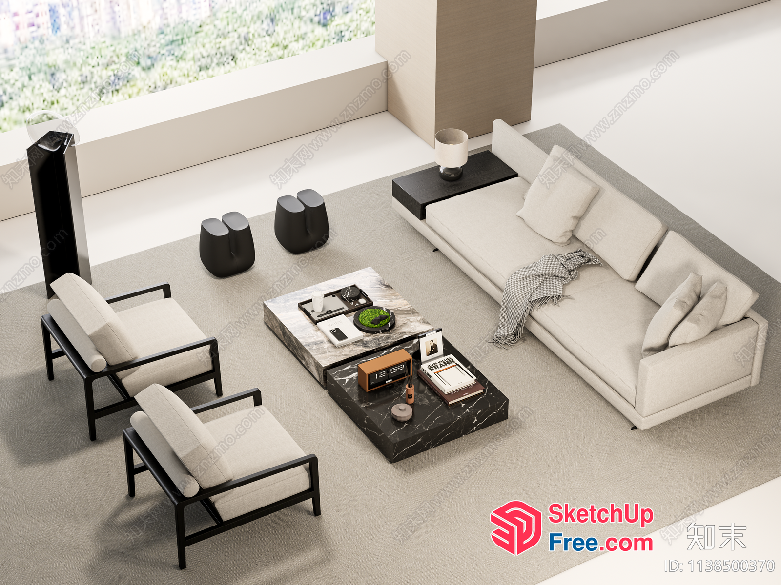 Minimalist Living Room With Creamy Style Sofa And Pillars 3D SketchUp File