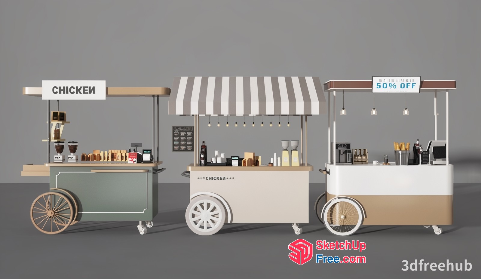 Street Food Carts With Various Beverages And Snacks 3D SketchUp File