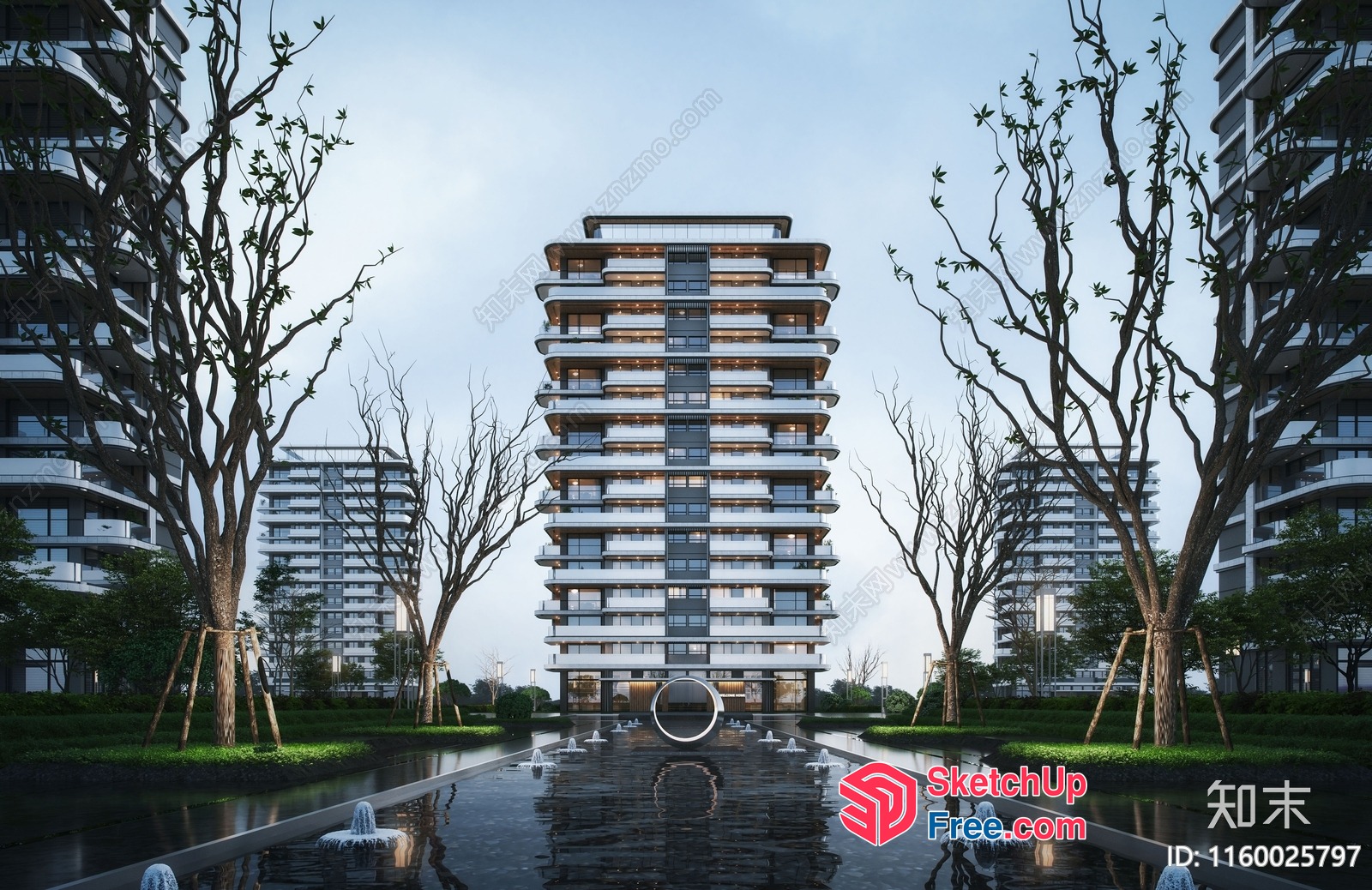 Modern Apartment Complex With Water Feature And Trees 3D SketchUp File