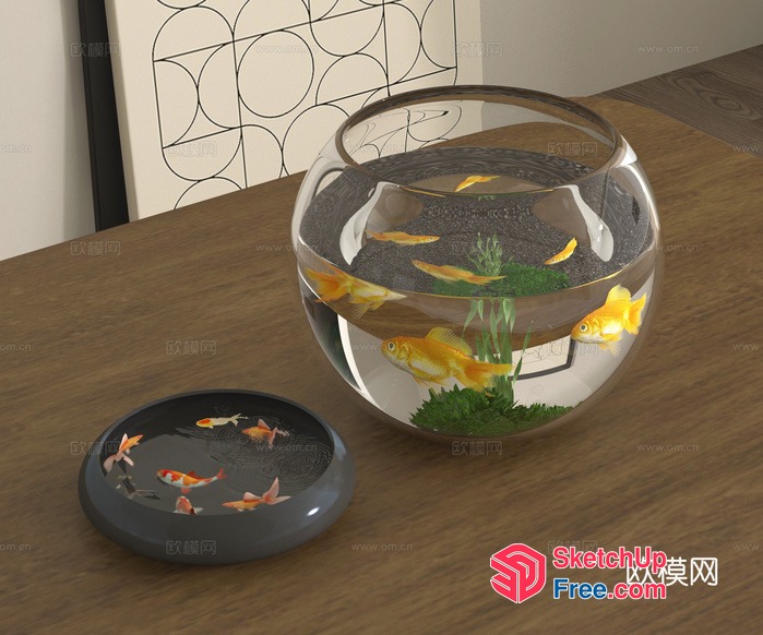 A Bowl Of Goldfish And Greenery In A Glass Bowl 3D SketchUp File