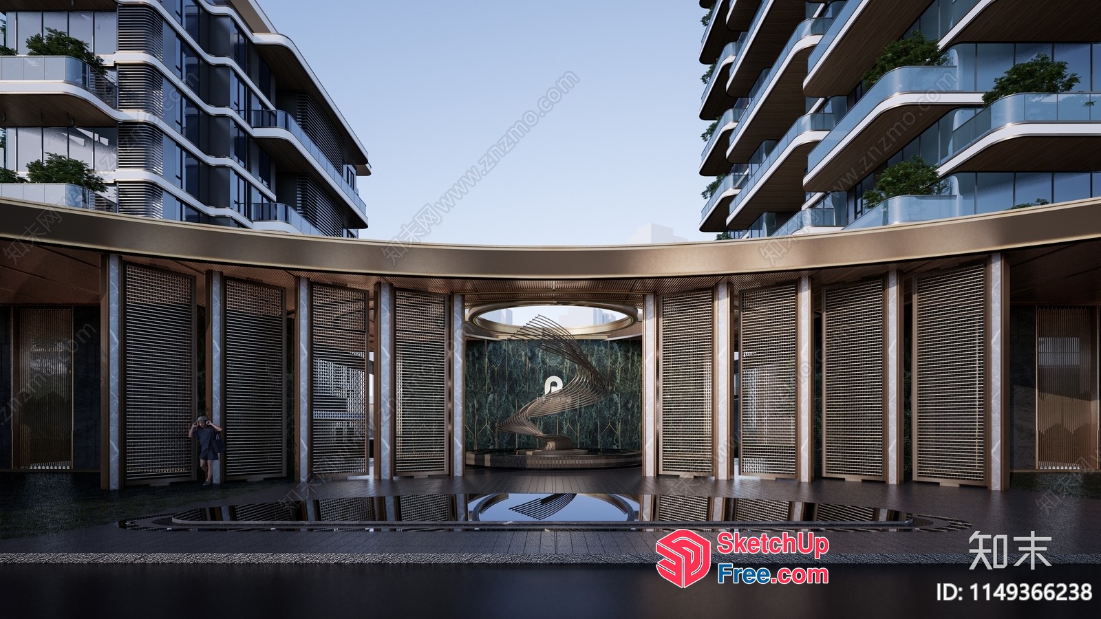 Modern Apartment Building Entrance With Pillars And Glass Walls 3D SketchUp File