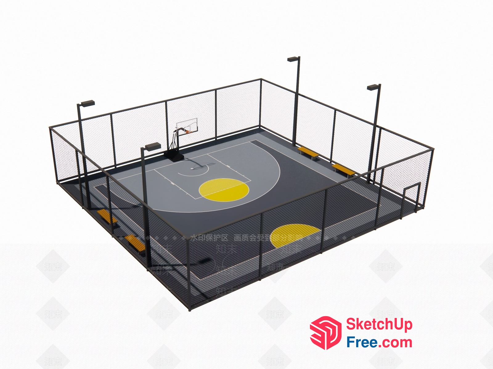 Basketball Court With Benches And Streetlights 3D SketchUp File