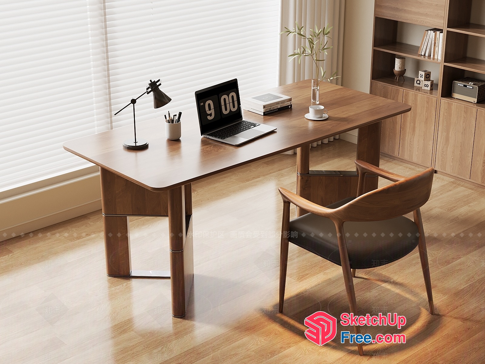 Minimalist Office Space With Wooden Desk And Laptop 3D SketchUp File