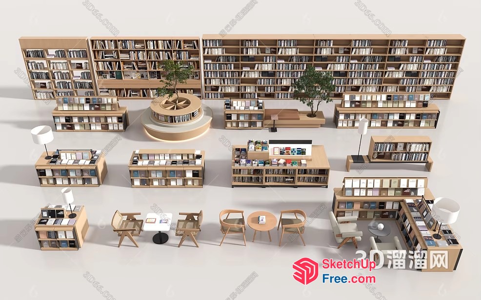 Modern Library Interior With Bookshelves And Tables 3D SketchUp File