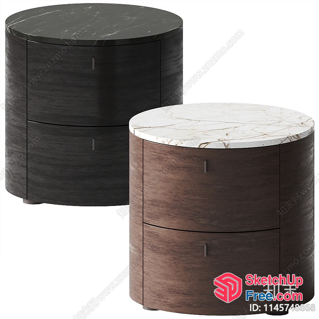 Two Modern Round Nightstands With Marble And Wood Tops 3D SketchUp File