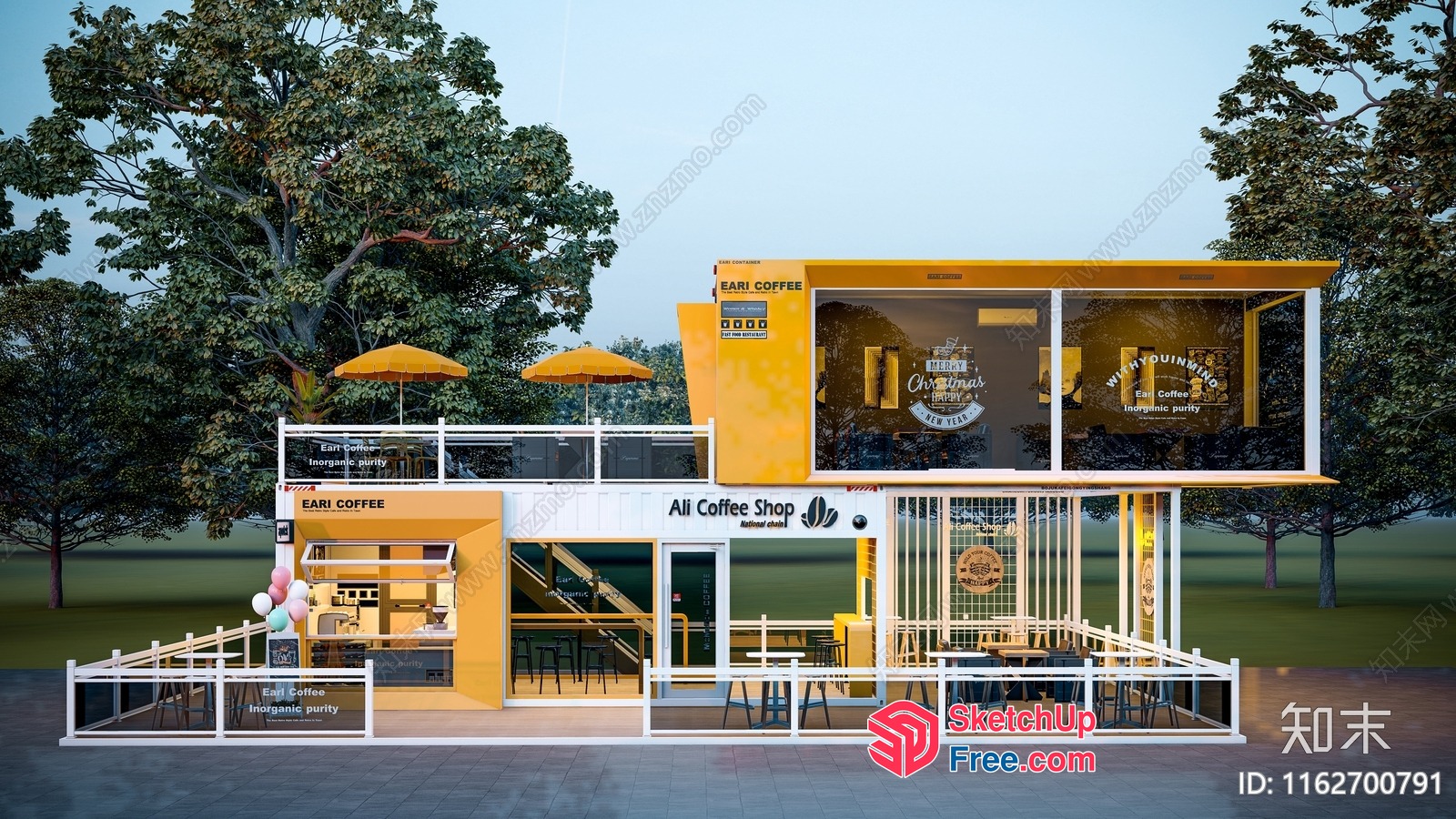 Coffee Shop With Outdoor Seating Area And Yellow And White Color Scheme 3D SketchUp File