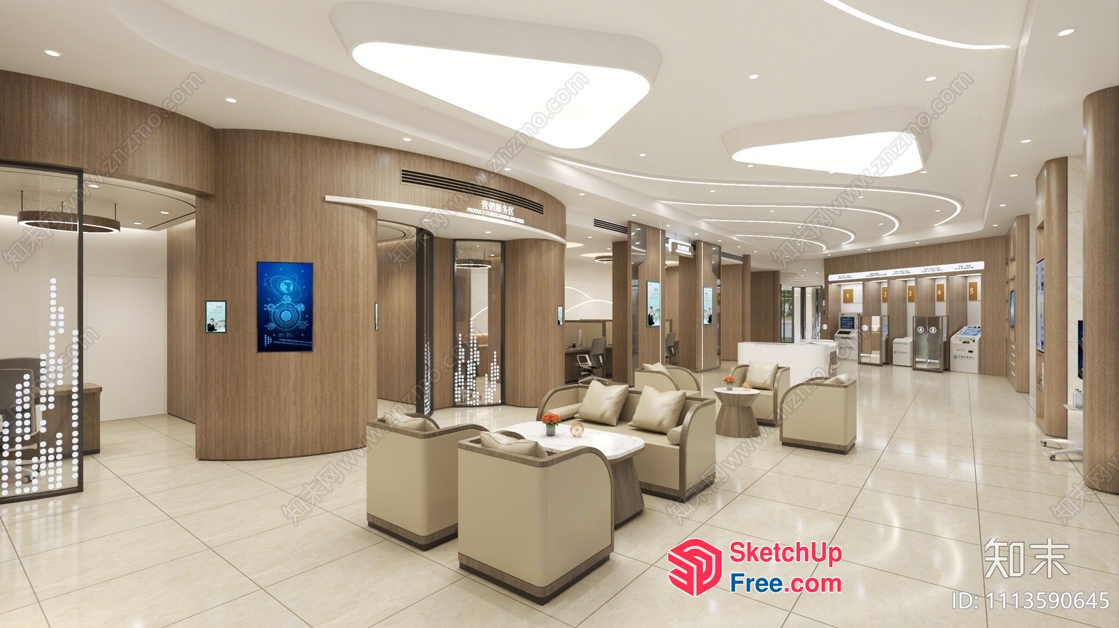 Modern And Sleek Office Lobby With Curved Ceiling And Pillars 3D SketchUp File