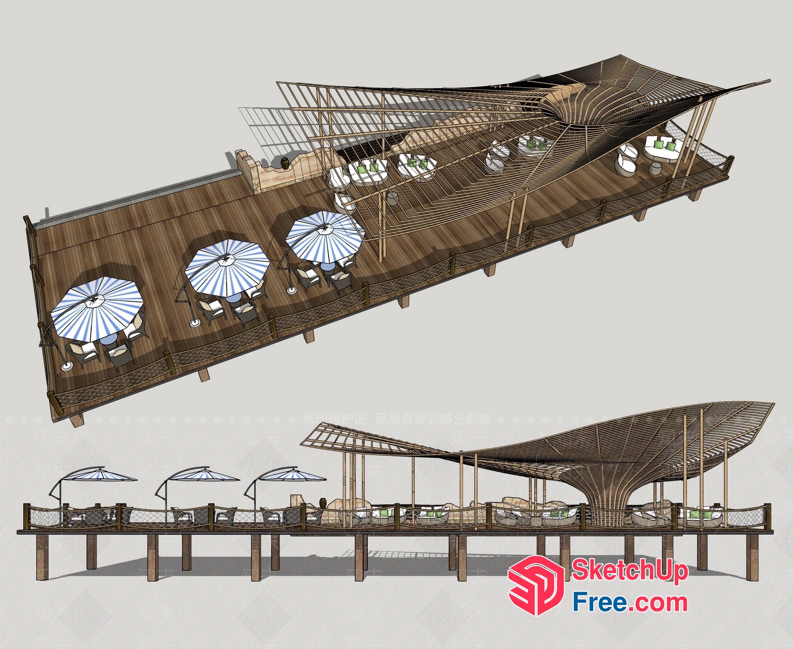 Long Wooden Deck With Umbrellas And Railing 3D SketchUp File