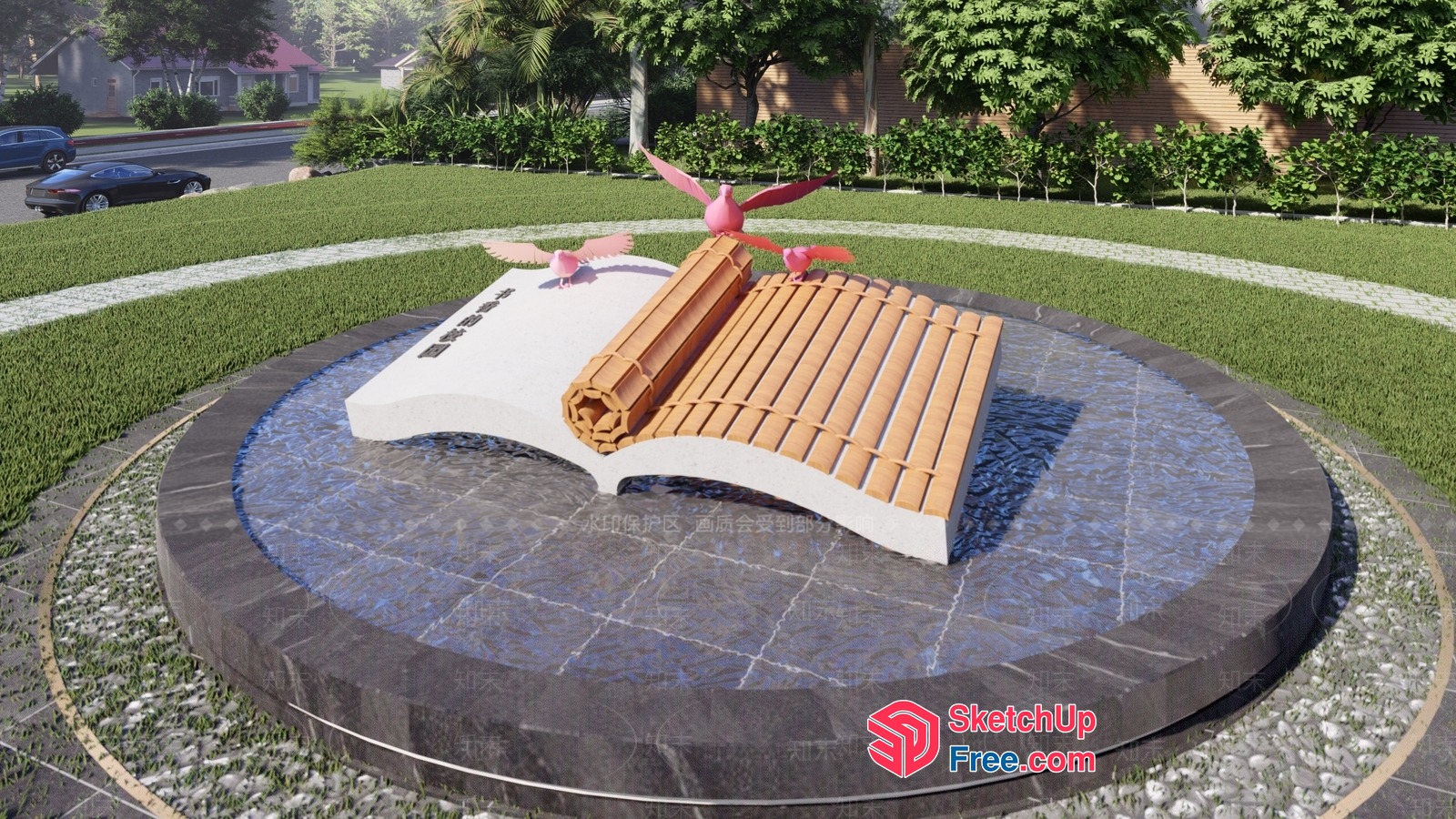 Open Book And Bird Sculpture In A Circular Garden 3D SketchUp File
