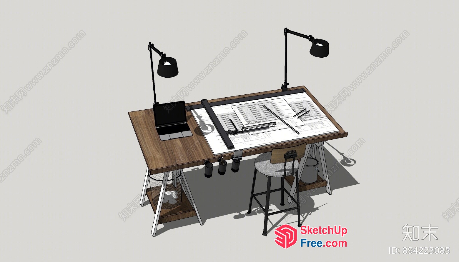 Industrial Style Office Space With Drafting Table And Stools 3D SketchUp File