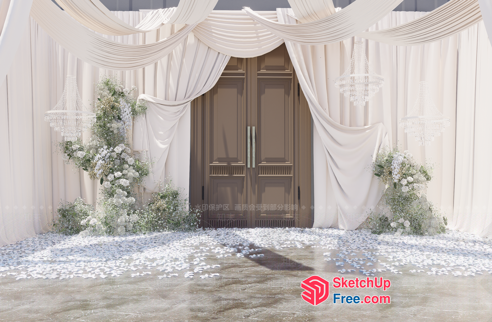 Elegant White Doorway Entrance With Chandeliers And Flowers 3D SketchUp File