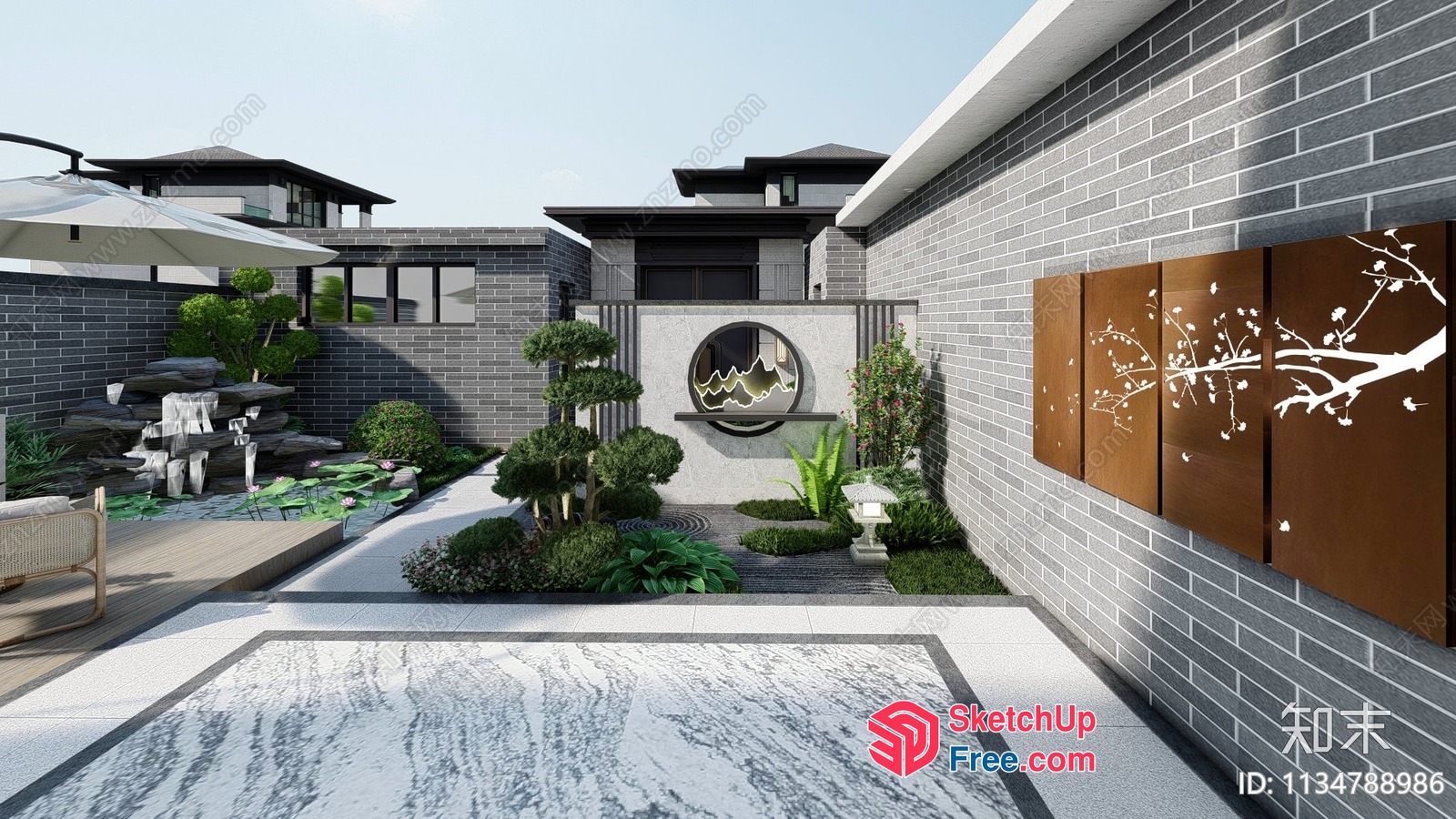 Asian-Inspired Courtyard With Serene Water Feature 3D SketchUp File