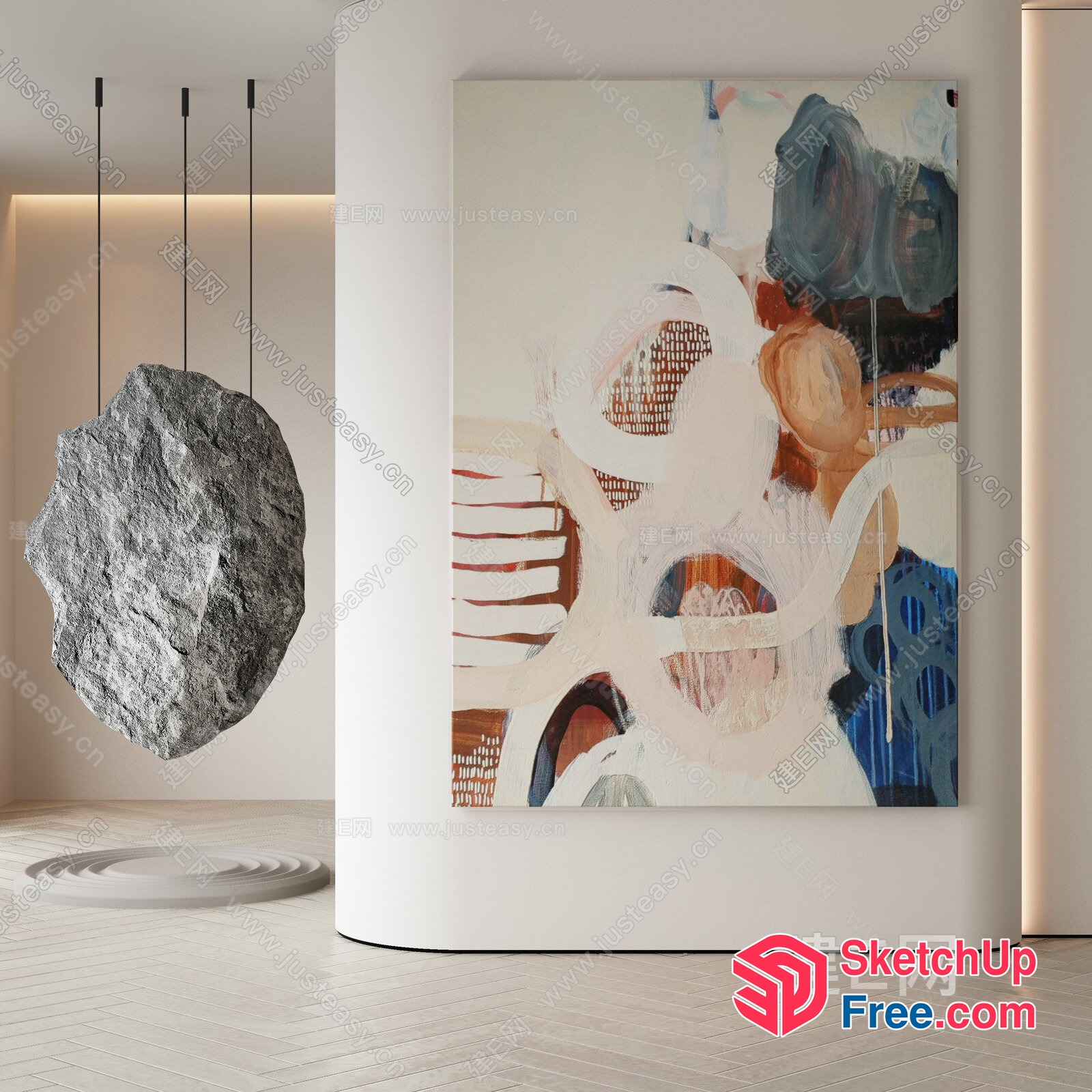Abstract Art Piece And Pillar In A Minimalist Interior 3D SketchUp File