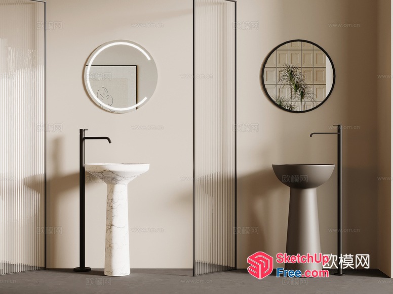 Modern Bathroom Interior With Pillar And Round Mirror 3D SketchUp File