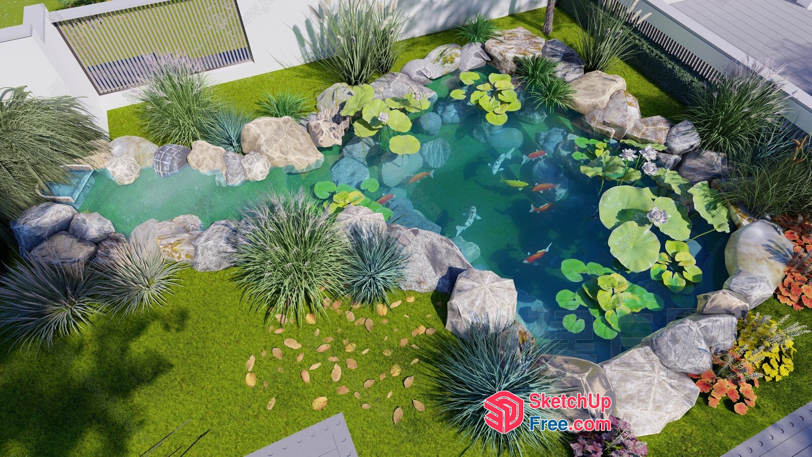 Serene Water Feature With Lush Greenery And Koi Fish 3D SketchUp File