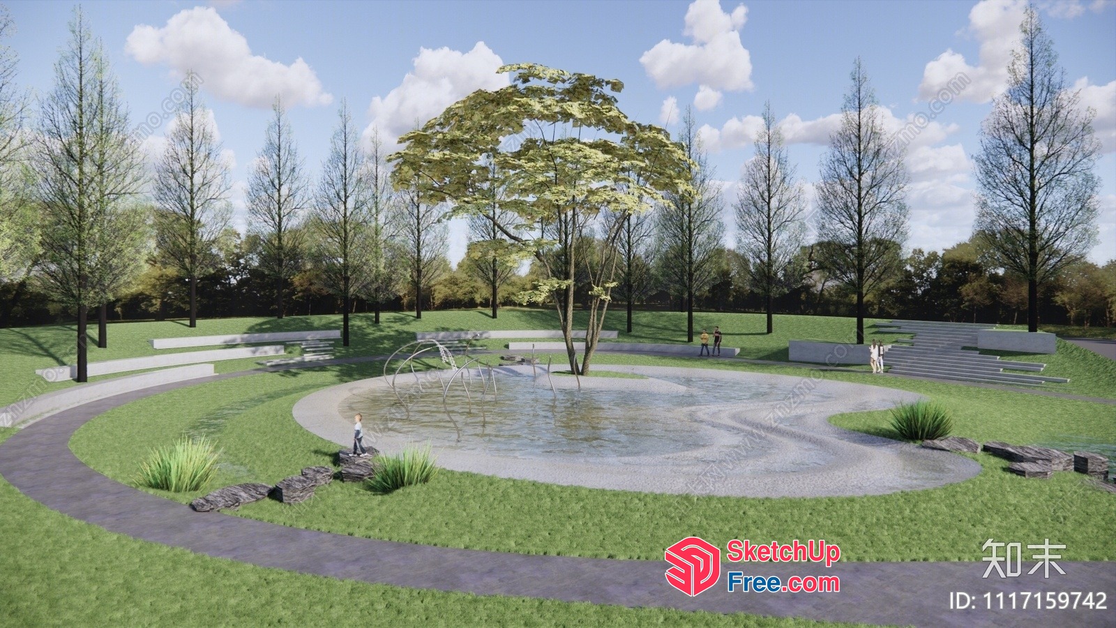 Serene Circular Park With Central Water Feature And Walking Path 3D SketchUp File