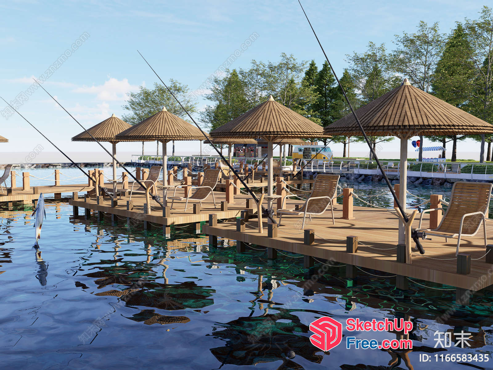 Fishing Piers With Gazebos And Fishing Rods 3D SketchUp File