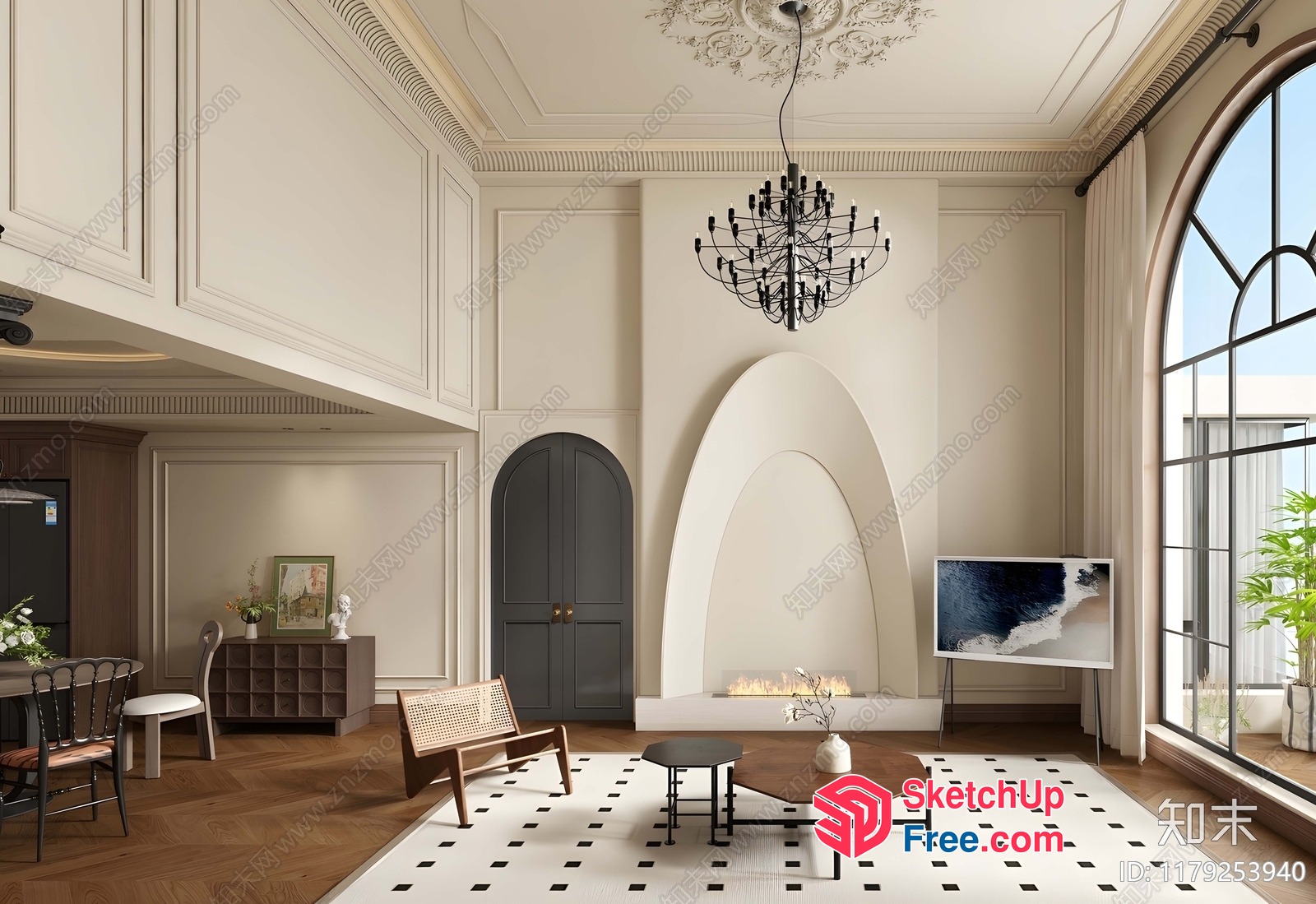Elegant European-Style Living Room With Fireplace And High Ceiling 3D SketchUp File