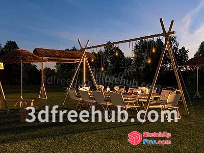 Outdoor Seating Area With String Lights And A-Frame Structures 3D SketchUp File