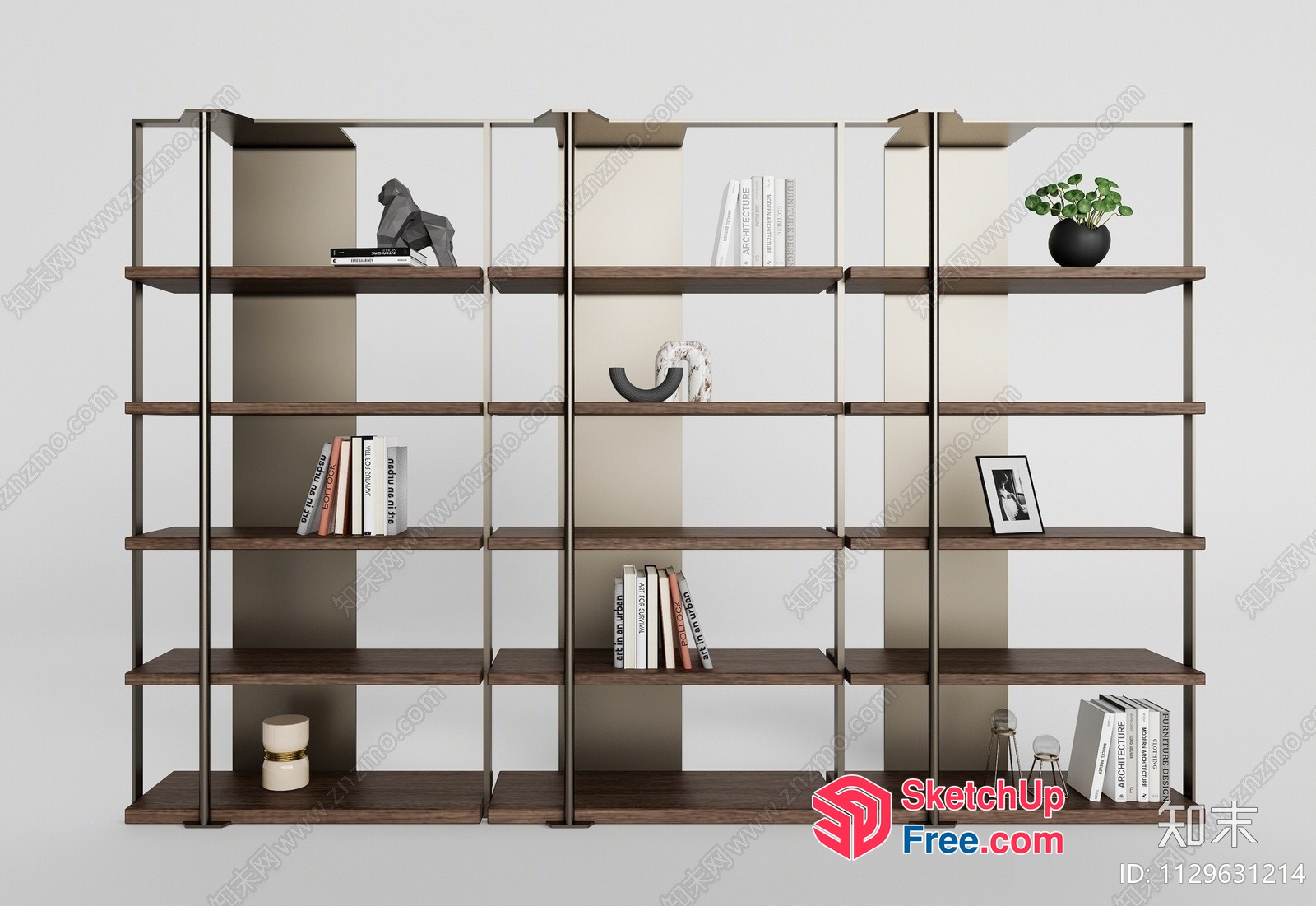 Modern Bookcase With Dark Wood Shelves And Metal Frame 3D SketchUp File