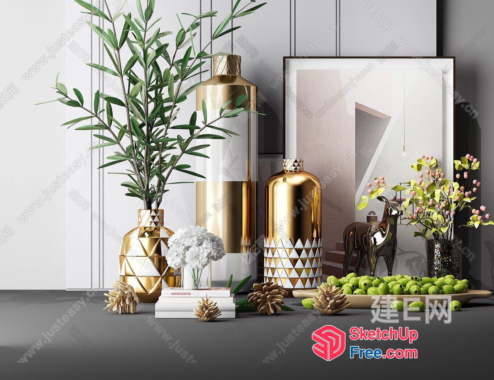 Luxurious Gold And White Decorative Vases And Objects 3D SketchUp File
