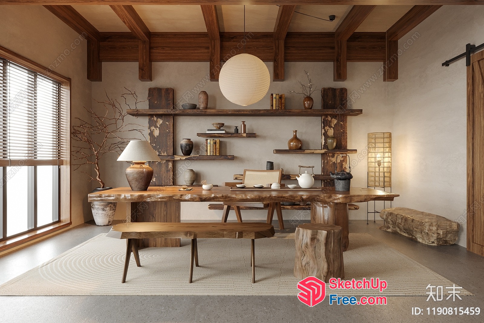 Modern Japanese-Inspired Living Room With Natural Wood Accents 3D SketchUp File