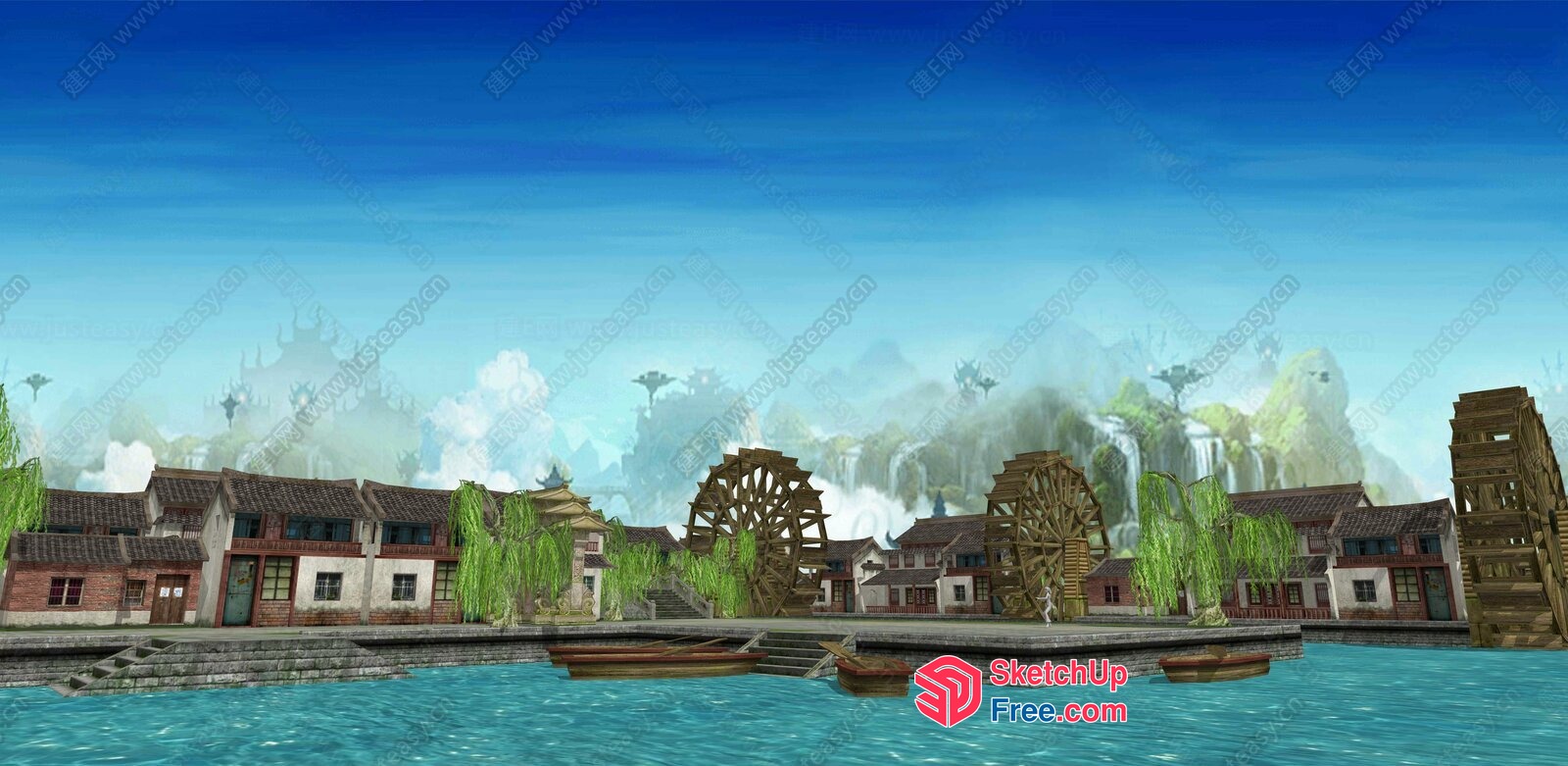 A Waterfront Village Scene With Traditional Chinese Architecture 3D SketchUp File