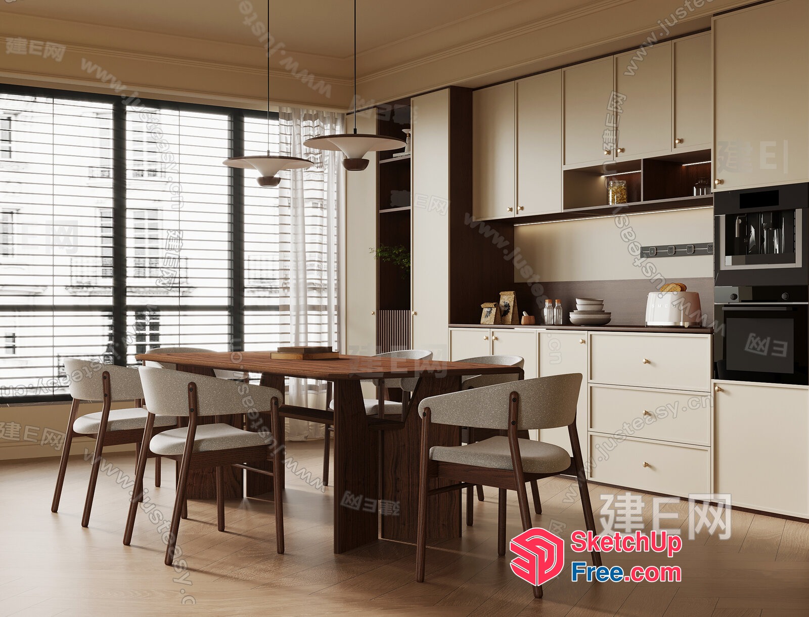 Modern Kitchen Dining Room With Large Window 3D SketchUp File