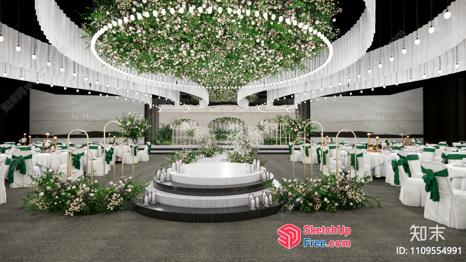 Elegant White And Green Wedding Reception Decor 3D SketchUp File