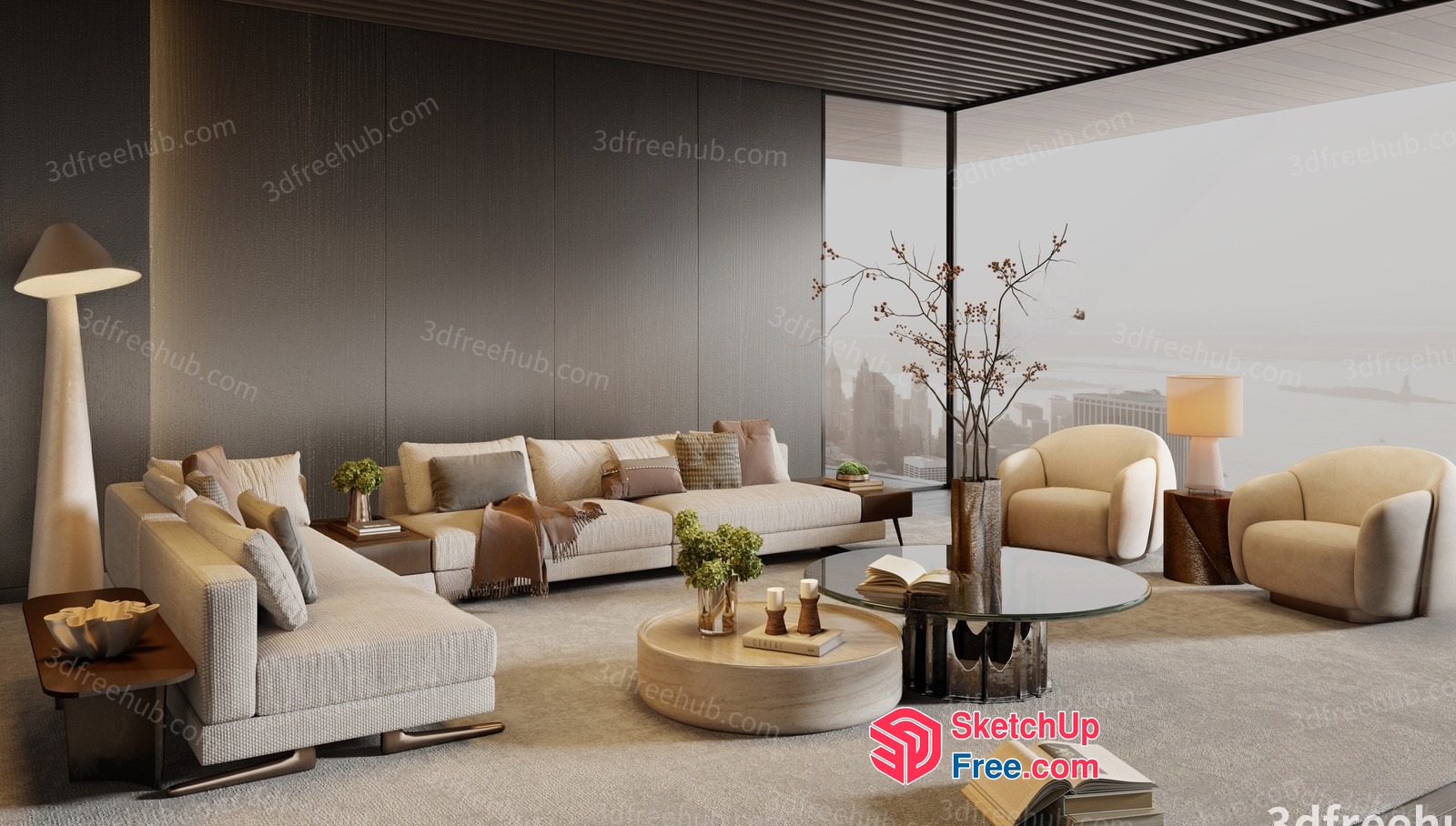 Modern Living Room With Elegant Furniture And City View 3D SketchUp File