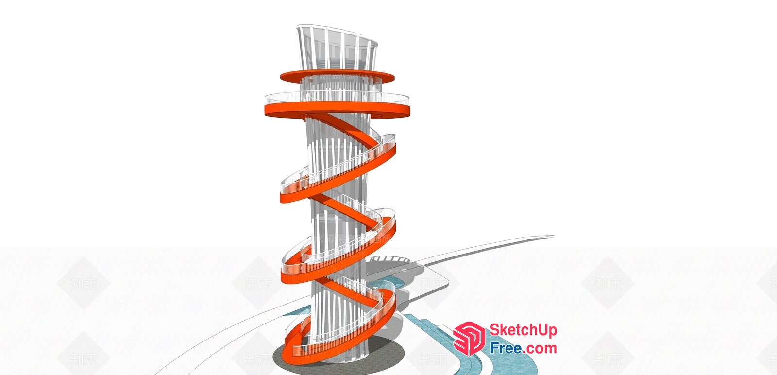 Spiral Staircase With Glass Railings And Orange Accents 3D SketchUp File