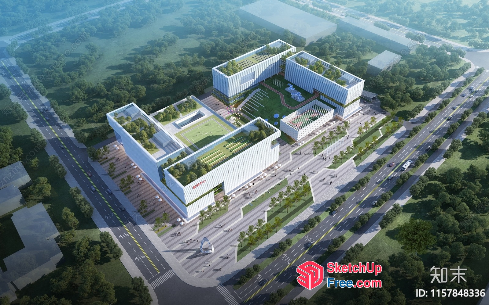 Modern Office Building With Green Roof 3D SketchUp File