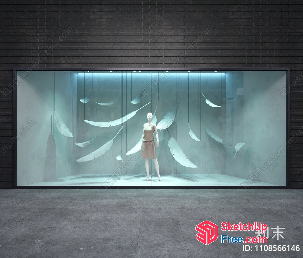 Modern Glass Curtain Wall With Elegant Mannequin And Feather Decor 3D SketchUp File