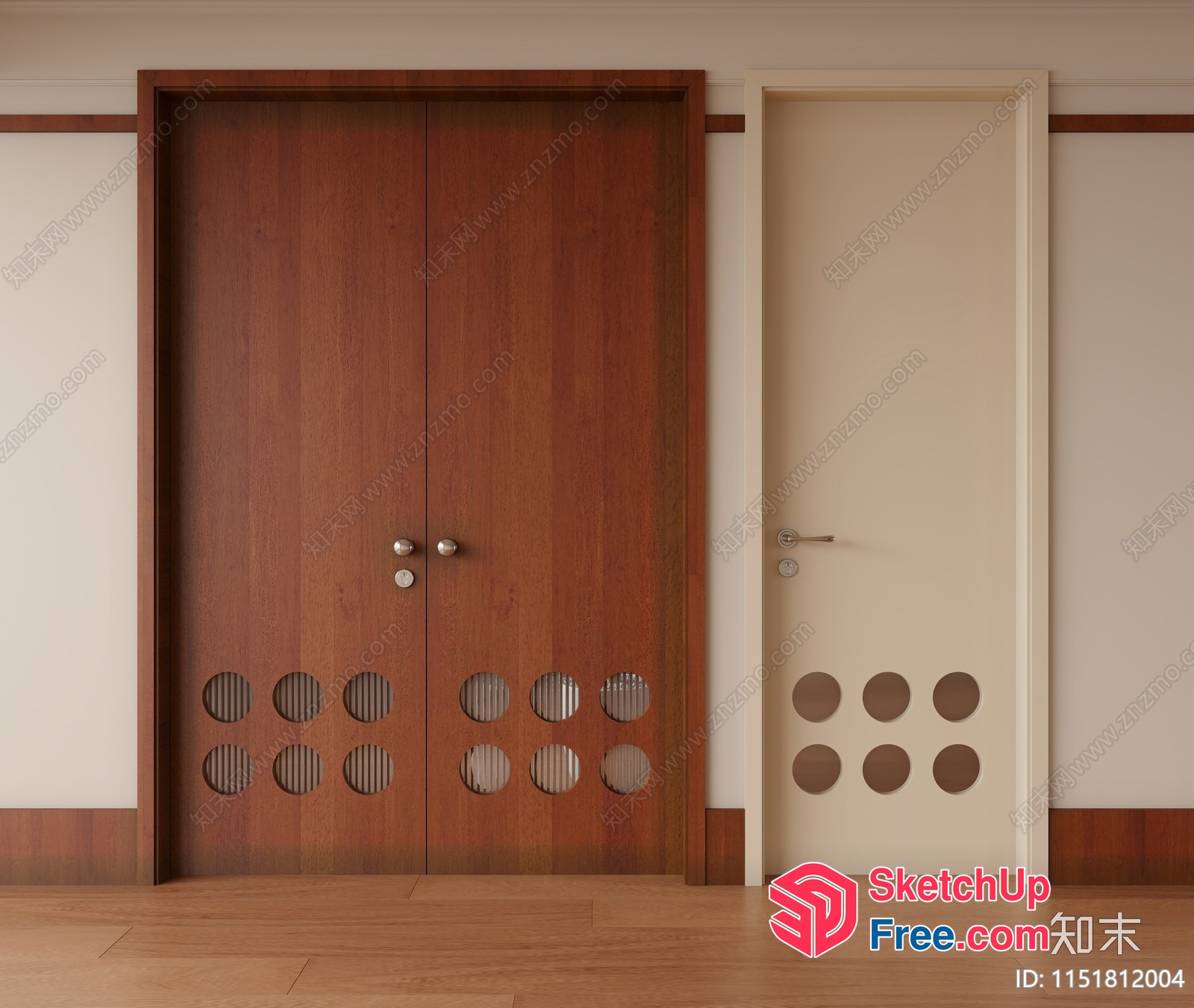 Wooden Doors With Circular Cutouts And Silver Handles 3D SketchUp File