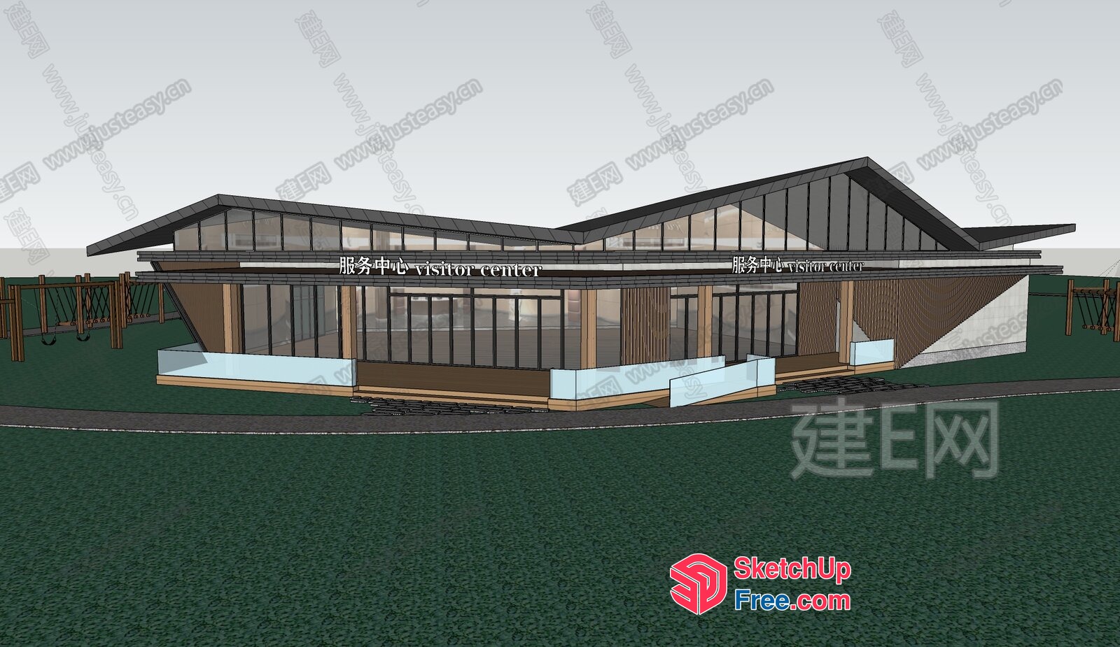 Modern Glass And Wood Exterior Building 3D SketchUp File