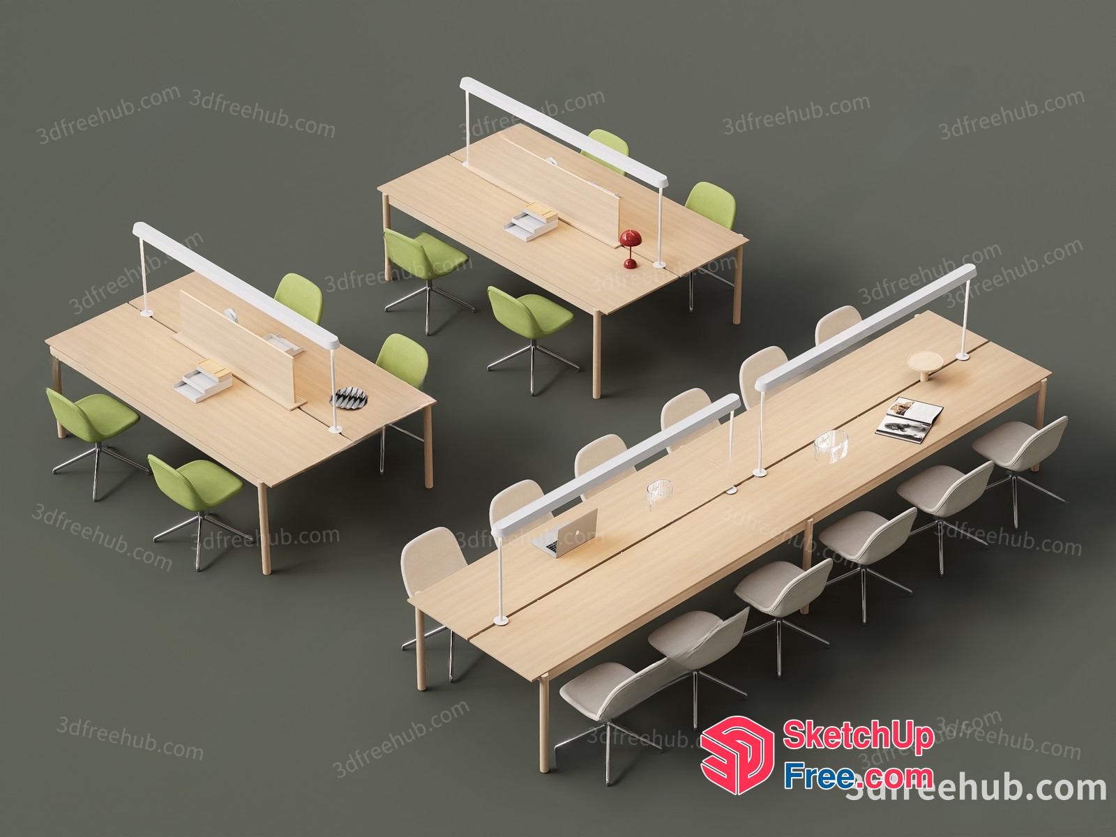 Office Space With Long Desks And Green Chairs 3D SketchUp File