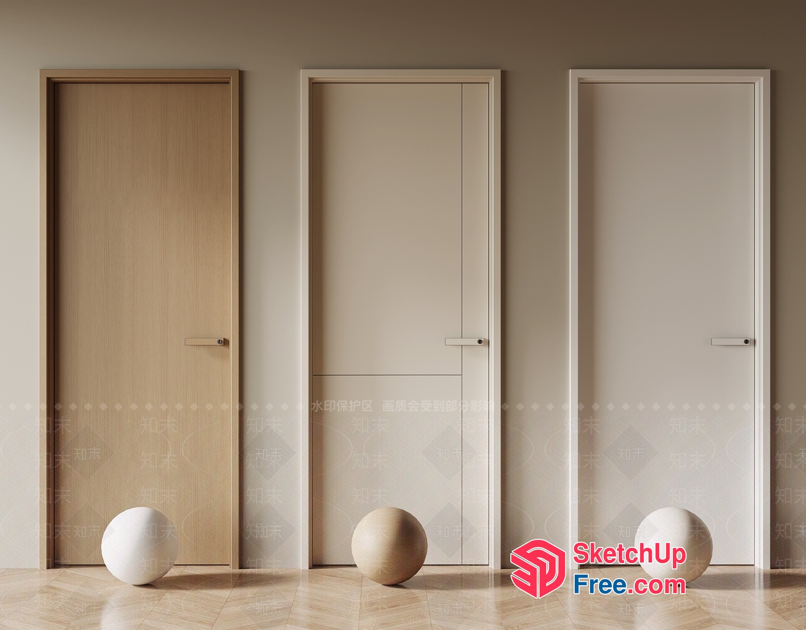 Three Doors And Two Balls On A Light-Colored Floor 3D SketchUp File