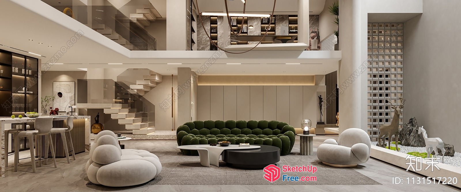Modern Minimalist Living Room With Stairs And Bar 3D SketchUp File