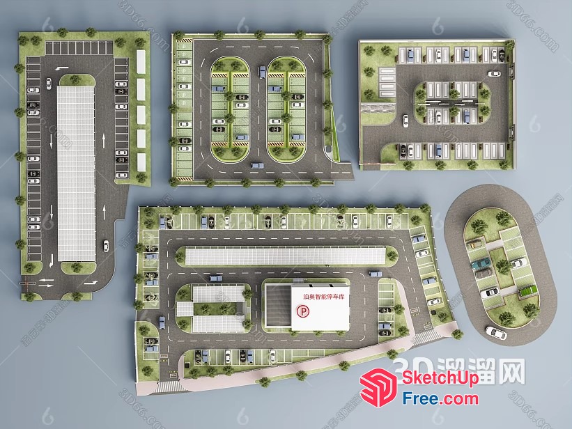 3D Architectural Rendering Of A Parking Lot And Commercial Buildings 3D SketchUp File
