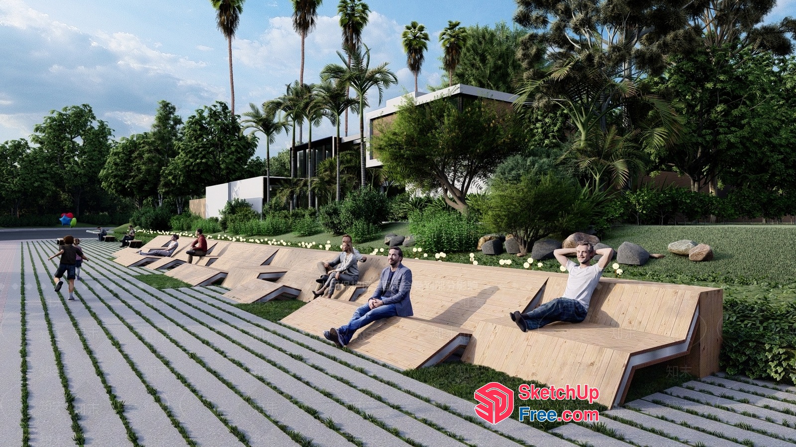 Outdoor Seating Area With Modern Wooden Benches And Greenery 3D SketchUp File