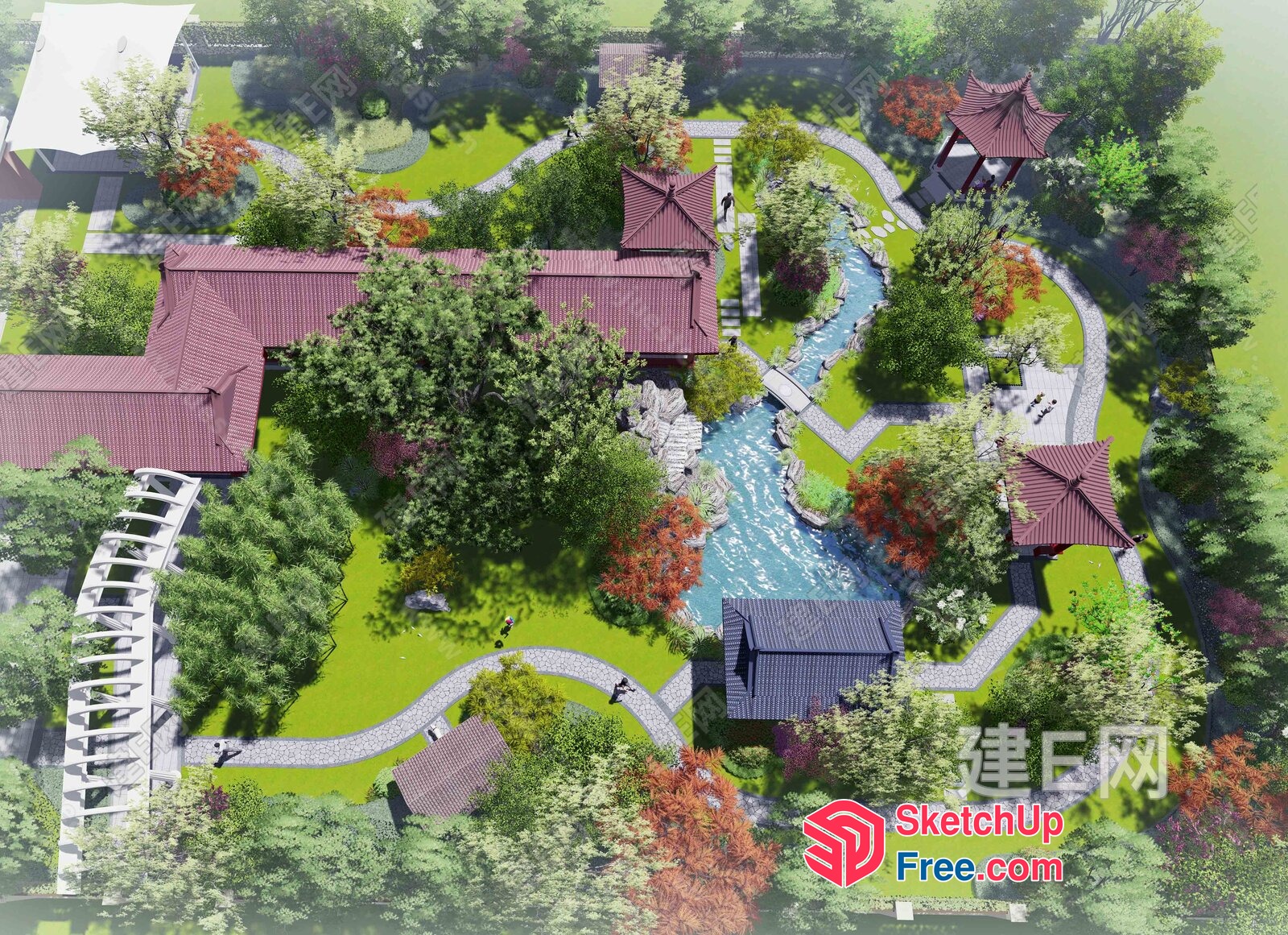 Serene Japanese-Inspired Retreat With Tranquil Water Features 3D SketchUp File