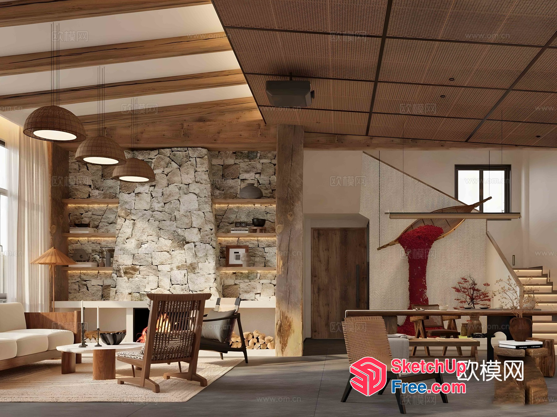 Elegant Japanese-Style Living Room With Natural Stone Wall 3D SketchUp File